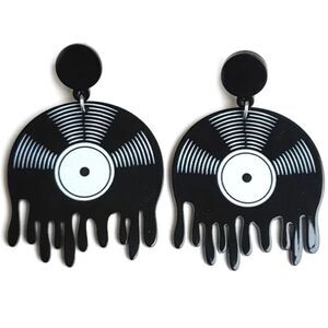 Melting Dripping Black Acrylic Post Back Record Vinyl shaped Earrings